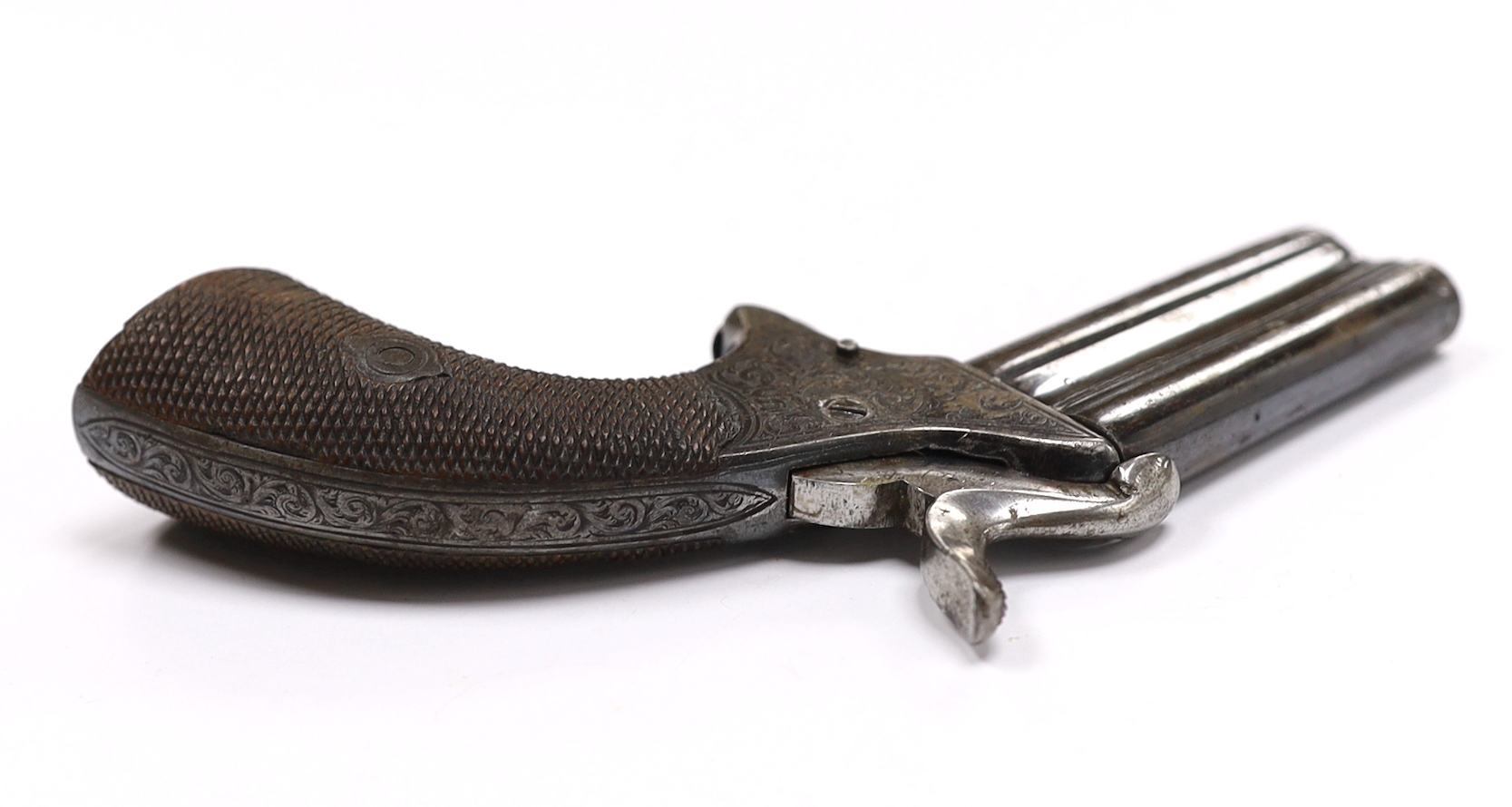 A Belgium mid 19th century double barrelled over-under pinfire muff pistol, stamped with Liege ELG proof mark, barrels 5.5cm